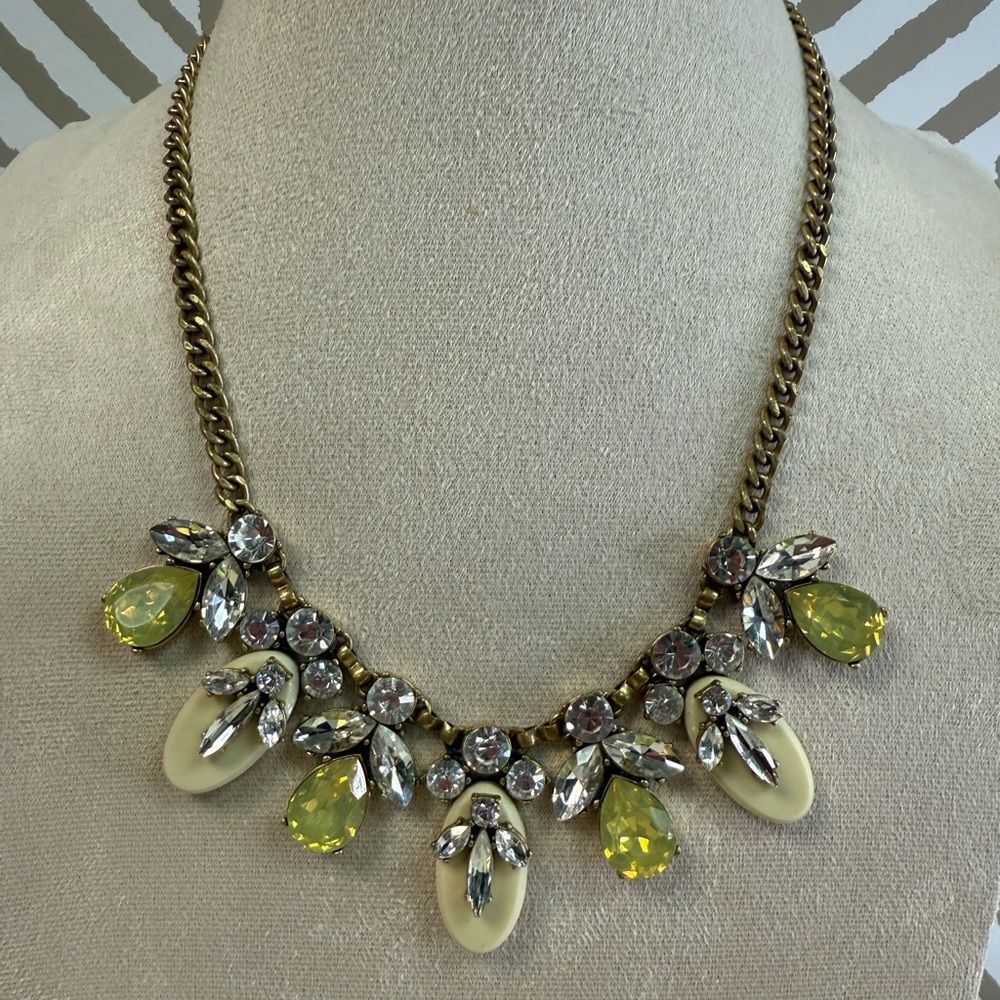 J Crew Gold Cream Citrine Clear Crystal Statement Necklace